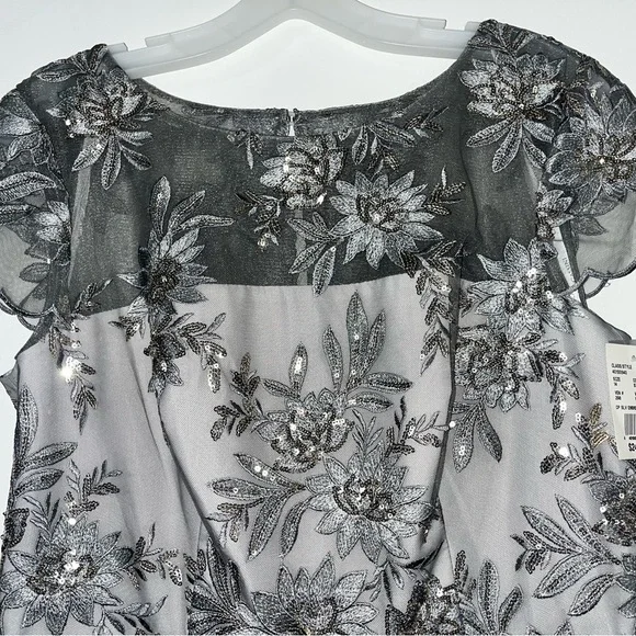 NWT Oleg Cassini Stunning Silver Floral Dress - Picture 3 of 5